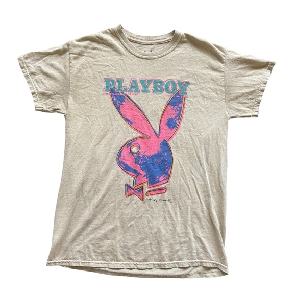 Playboy Woman’s Small Yellow Tan Graphic Short Sleeve Crew Neckline Tee - Picture 2 of 6